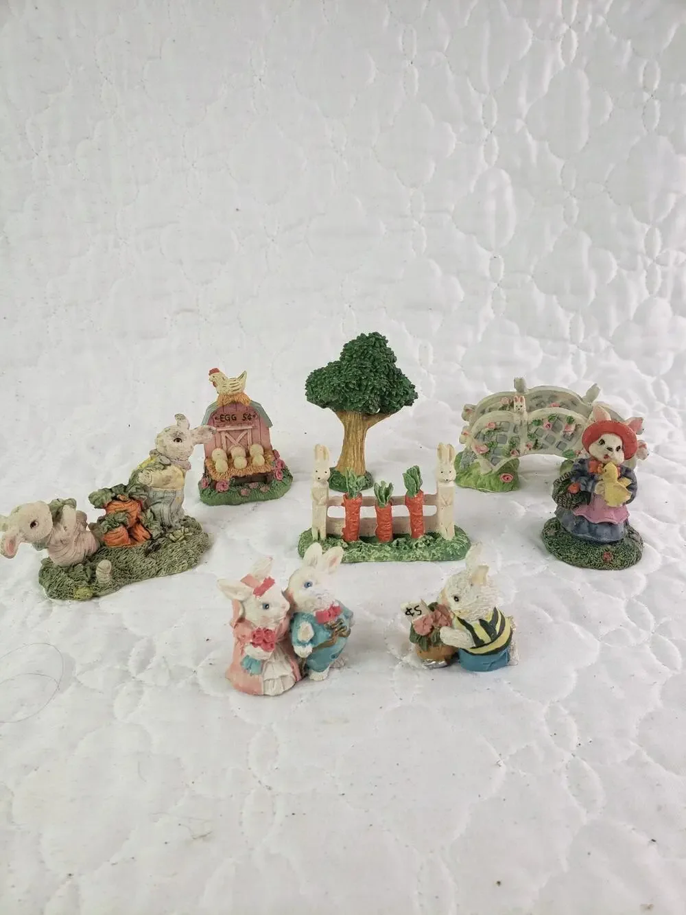 Vintage Easter Bunny Village Figurines Garden Accessories Spring Decor 8 Pcs